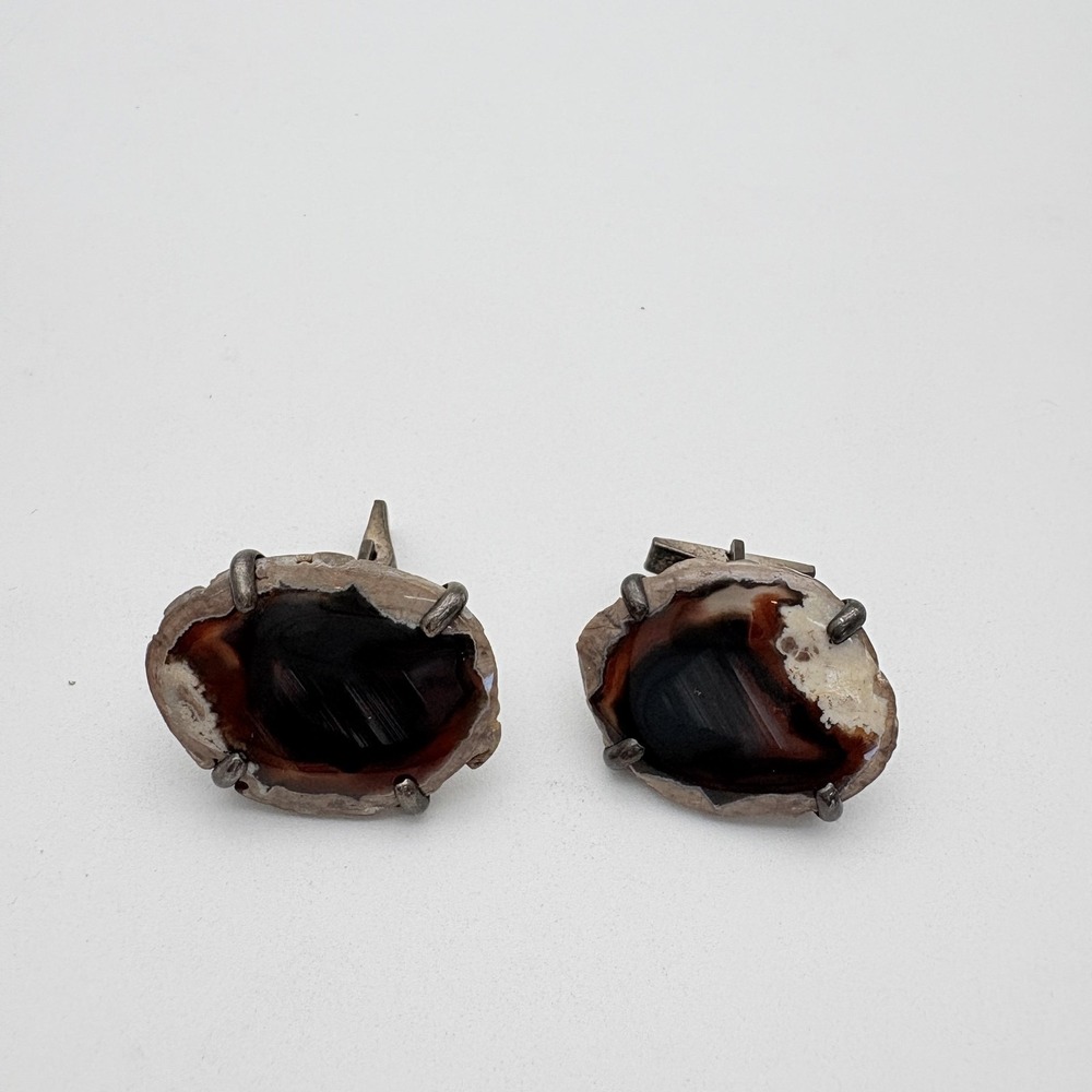 Vintage Sterling Silver Brown Agate Cufflinks Mens Whale Back Stone Pair Jewelry